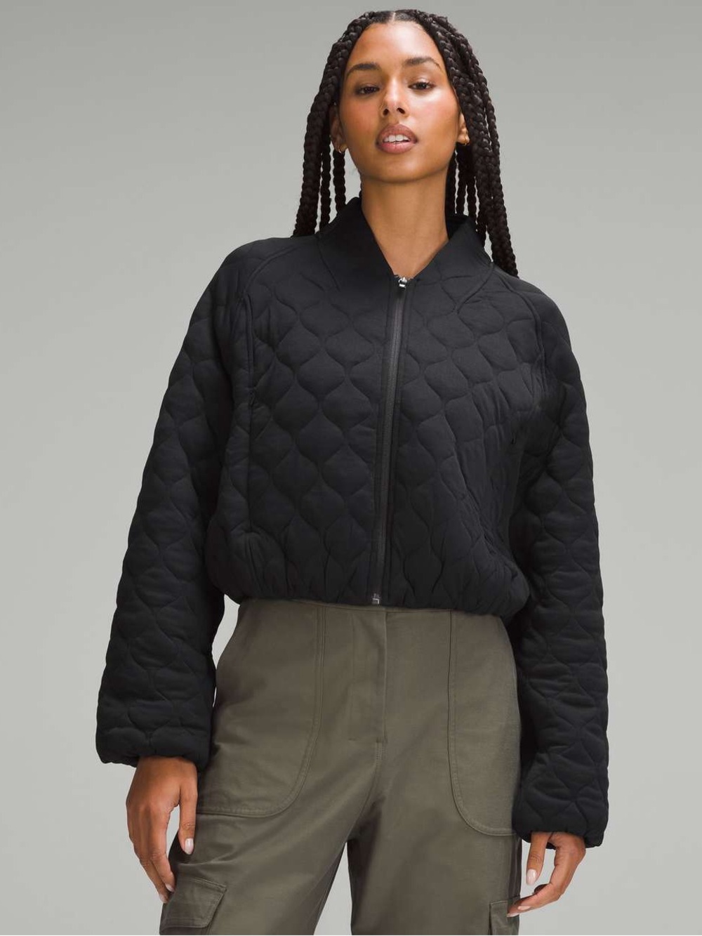 Lululemon Quilted Bomber Jacket Oversized Cropped Cotton Jersey Fall Winter Gym
